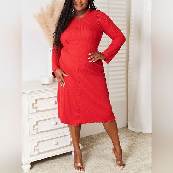 Red Orange Cotton Blend Midi Dress Long Sleeve  Curvy Stretch sz M - Picture 5 of 7